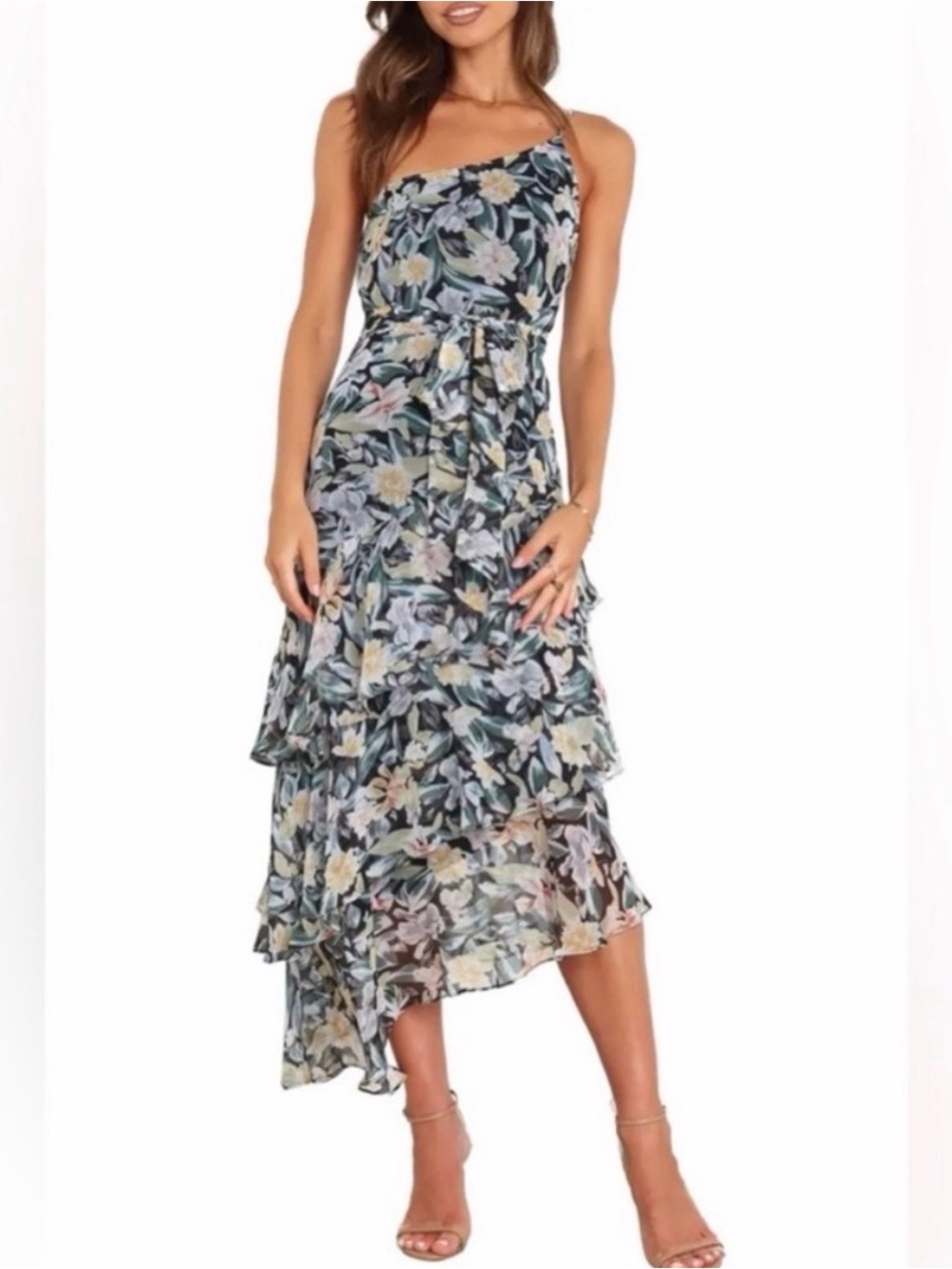 Petal & Pup One-Shoulder Tiered Maxi Dress in Black, Green, Cream